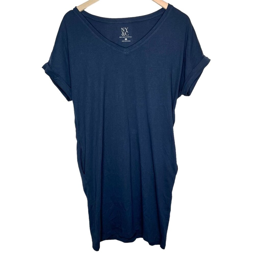 New York & Company Women's XS V-Neck T-Shirt Dress 100% Cotton Navy Blue